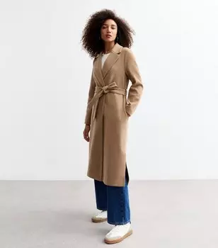 Длинное пальто светло-коричневого цвета без подкладки с поясом New Look, песочный