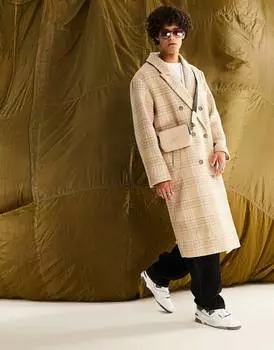 Длинное пальто свободного кроя в клетку цвета экрю ASOS DESIGN
