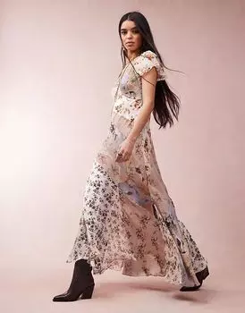 Длинное платье AllSaints Lala с принтом, оригинального коричневого цвета.