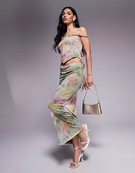 Длинное платье ASOS DESIGN из сетчатой ткани с имитацией бретелей и перекрученными бретелями с размытым цветочным принтом в пастельных тонах