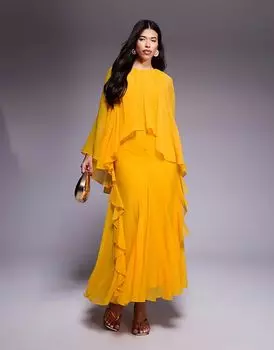 Длинное платье ASOS DESIGN из шифона с трапециевидным накладным узором и оборками оранжевого цвета