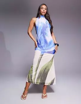 Длинное платье ASOS DESIGN с халтер-холкой, открытой спиной и драпировкой, с синим цветочным принтом