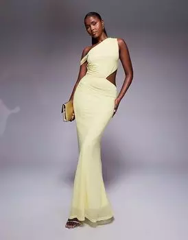 Длинное платье ASOS DESIGN желтого цвета со спущенными плечами, сборками и вырезами