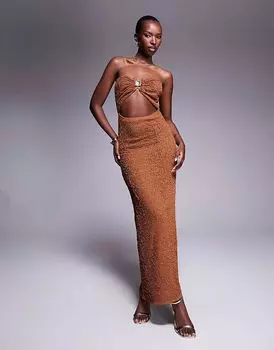 Длинное платье-бандо с оборками и вязанным крючком ASOS DESIGN коричневого цвета