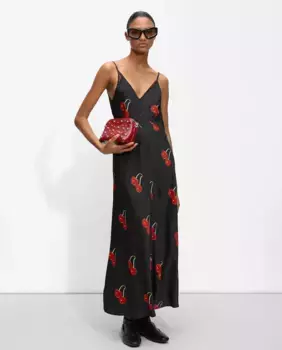 Длинное платье без бретелек с вишневым принтом Parfois, чёрный