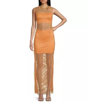 Длинное платье без рукавов B. Darlin в сетку с каменным вырезом и овальным вырезом, оранжевый