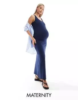 Длинное платье без рукавов и круглым вырезом Mamalicious для беременных темно-синего цвета