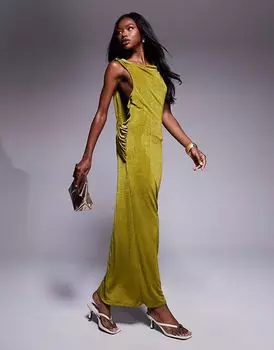 Длинное платье без рукавов с глубоким вырезом на спине и отделкой ASOS DESIGN зеленого цвета