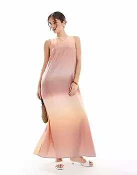 Длинное платье без рукавов Vero Moda с драпировкой в розово-оранжевом цвете с эффектом омбре