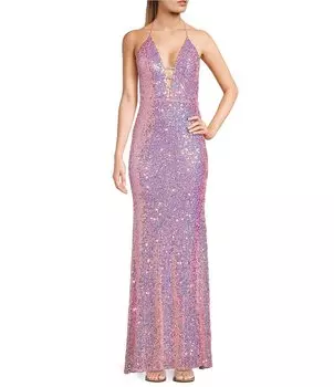 Длинное платье Blondie Nites с пайетками и воротником-бретелькой спереди и открытой спиной, розовый