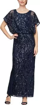 Длинное платье-блузон с развевающимися рукавами Alex Evenings, темно-синий