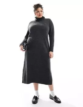 Длинное платье-джемпер Pieces Curve с отложным воротником темно-серого меланжевого цвета