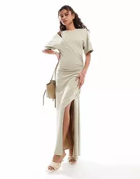 Длинное платье-футболка ASOS DESIGN с разрезом и сборкой спереди в каменном цвете