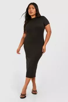 Длинное платье-футболка миди с короткими рукавами и плюсом boohoo, черный