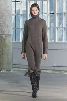 Длинное платье из 100% шерсти с бахромой ZARA, серо-коричневый