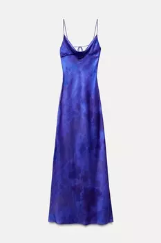 Длинное платье из атласа с принтом ZARA, блюз