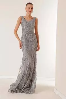 Длинное платье из блестящего флока с V-образным вырезом и подкладкой By Sayg, серый