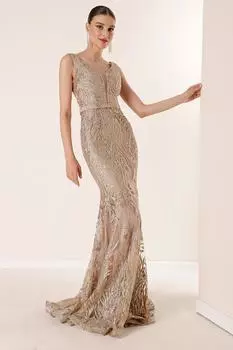 Длинное платье из блестящего флока с V-образным вырезом и подкладкой By Sayg, золотой