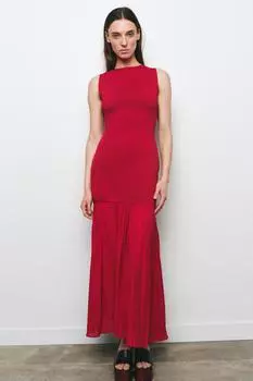 Длинное платье из комбинированного трикотажа ZARA, цвет Mid-red