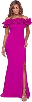 Длинное платье из крепа с рюшами через плечо XSCAPE, цвет New Fuchsia