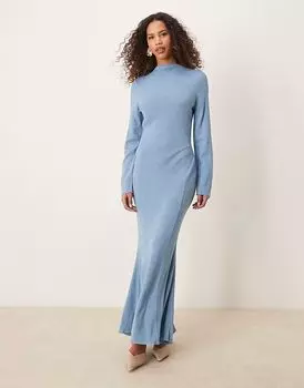 Длинное платье из льна ASOS DESIGN с высоким воротом и отделкой швом из выцветшего денима
