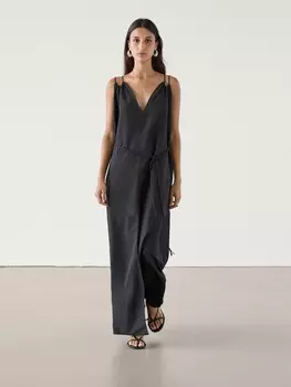 Длинное платье из льняной смеси с двойными бретелями Massimo Dutti, черный