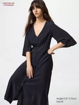 Длинное платье из легкого вискозного шелка с короткими рукавами Uniqlo, черный