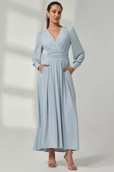 Длинное платье из мягкого шелковистого трикотажа с длинными рукавами Jolie Moi, голубой