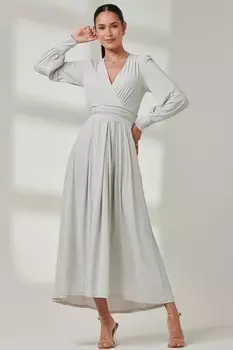 Длинное платье из мягкого шелковистого трикотажа с длинными рукавами Jolie Moi, серый