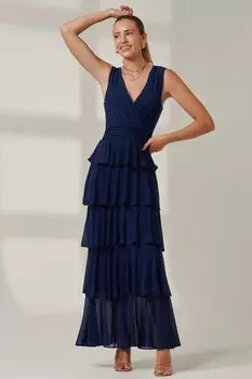 Длинное платье из однотонной сетки с несколькими ярусами Jolie Moi, синий