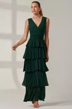 Длинное платье из однотонной сетки с несколькими ярусами Jolie Moi, зеленый