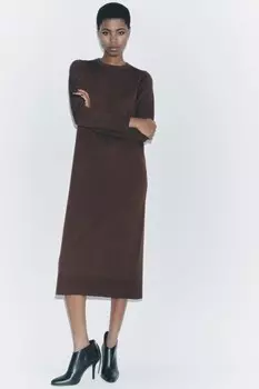 Длинное платье из однотрикотажного платья ZARA, темно-коричневый