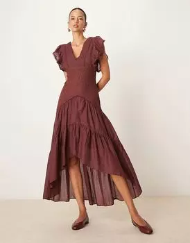 Длинное платье из смеси вуали и кружева бордового цвета ASOS DESIGN