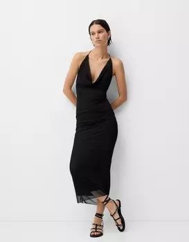 Длинное платье из тюля на бретелях Bershka, черный