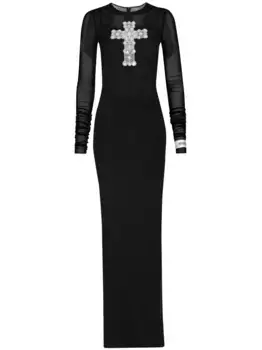 Длинное платье из тюля с крестообразным узором DOLCE & GABBANA, черный