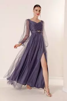 Длинное платье из тюля спереди и сзади с V-образным вырезом на талии и драпированной подкладкой By Sayg, темно-синий