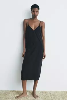 Длинное платье-комбинация с многопозиционными бретельками ZARA, черный