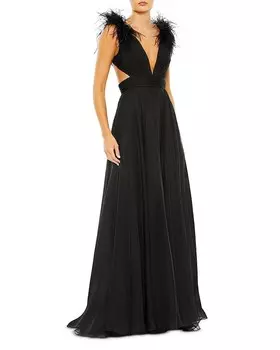 Длинное платье Mac Duggal с вырезами из перьев, черный
