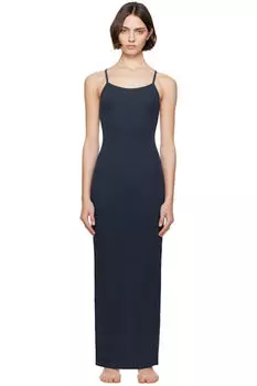 Длинное платье макси из темно-синего хлопка в рубчик SKIMS