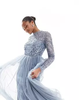 Длинное платье-макси с длинными рукавами, декорированное линейной отделкой, пыльно-синего цвета Maya