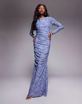 Длинное платье макси с длинными рукавами и сборками ASOS DESIGN devore синего цвета