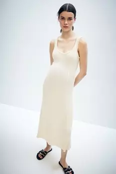 Длинное платье mom в рубчик H&M, бежевый