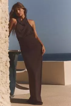 Длинное платье на бретельках с открытой спиной ZARA, цвет Chocolate