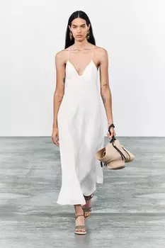 Длинное платье на бретельках ZARA, устрично-белый