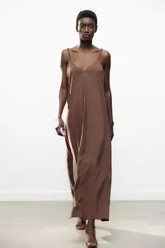 Длинное платье на бретельках ZARA, коричневый