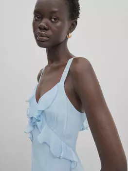 Длинное платье на стрелках с оборками Massimo Dutti, небесно-синий