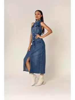 Длинное платье Nina Carter Eleganter Neckholder Jeans Midi Rock Denim, синий