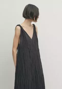 Длинное платье Pleated V-Neck Massimo Dutti, темно-серое