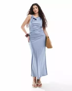 Длинное платье подружки невесты TFNC Dusty Blue с воротником-хомут