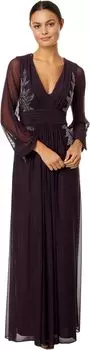 Длинное платье Powermesh с V-образным вырезом и бисером Betsy & Adam, цвет Plum